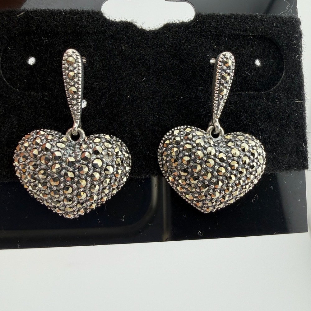 Marcasite Sterling Silver Heart Drop Earrings Vintage Style Pave Filigree 925